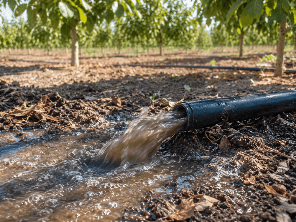 Flushing de una línea de riego por goteo expulsando agua con sedimentos en un huerto